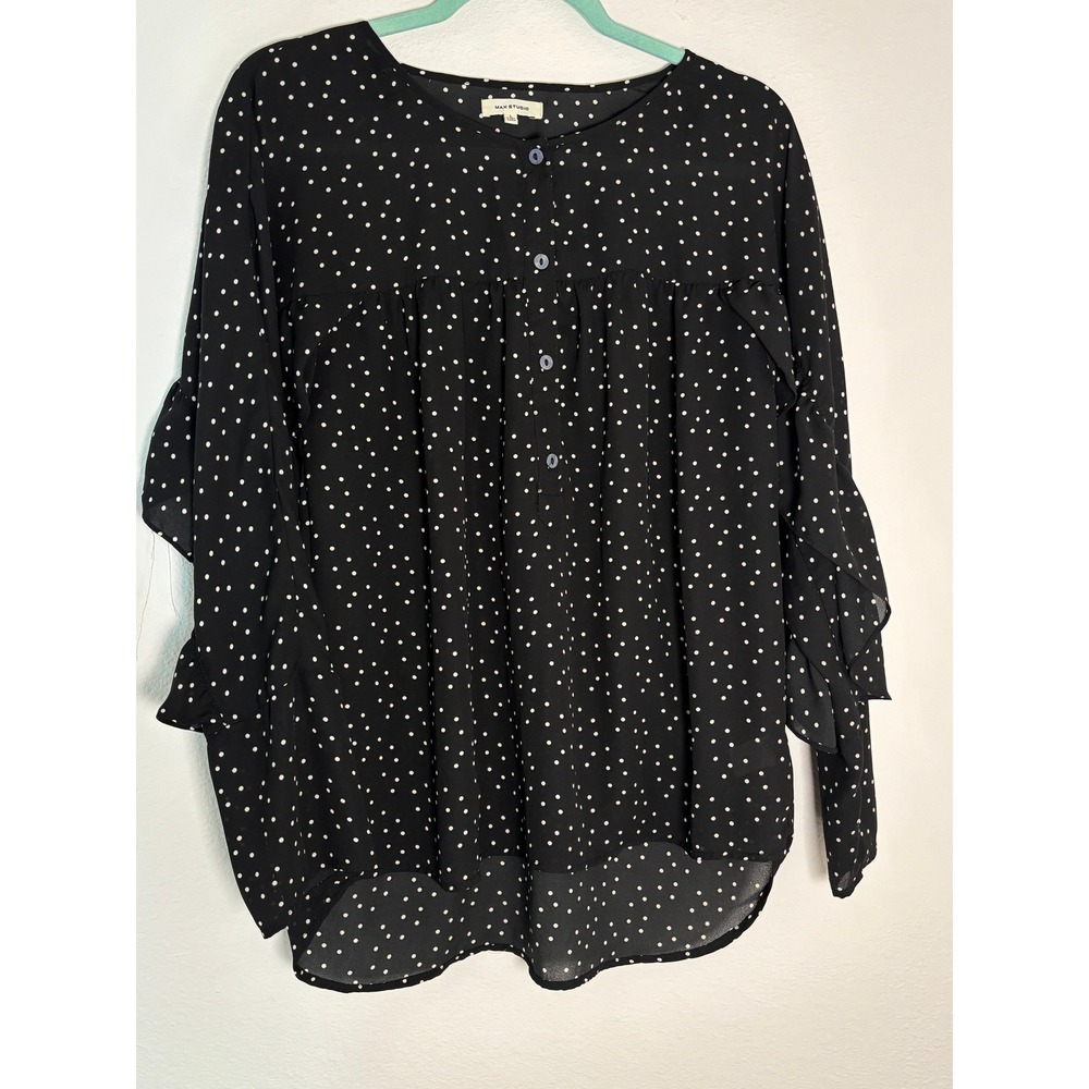 Max Studio Black White Polka Dot Ruffle Sleeve Button Front Blouse Top Large